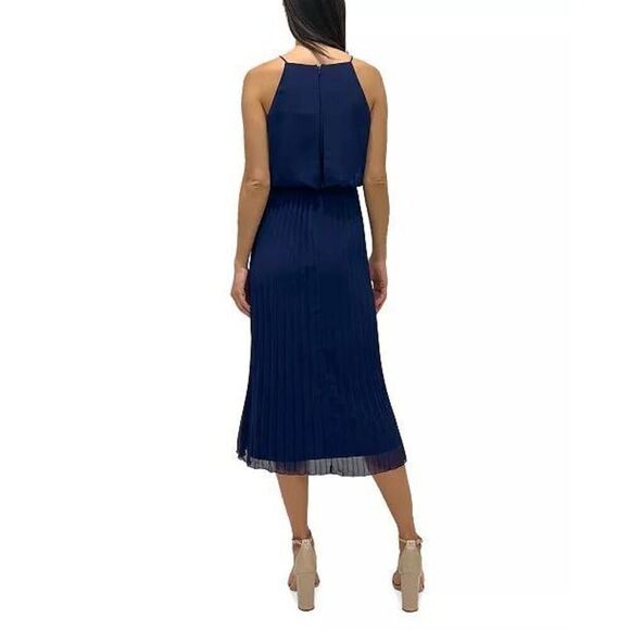 Sam Edelman Size 4 Electric Pleated A Line Long Midi Dress Navy Blue Halter Top - Picture 9 of 10